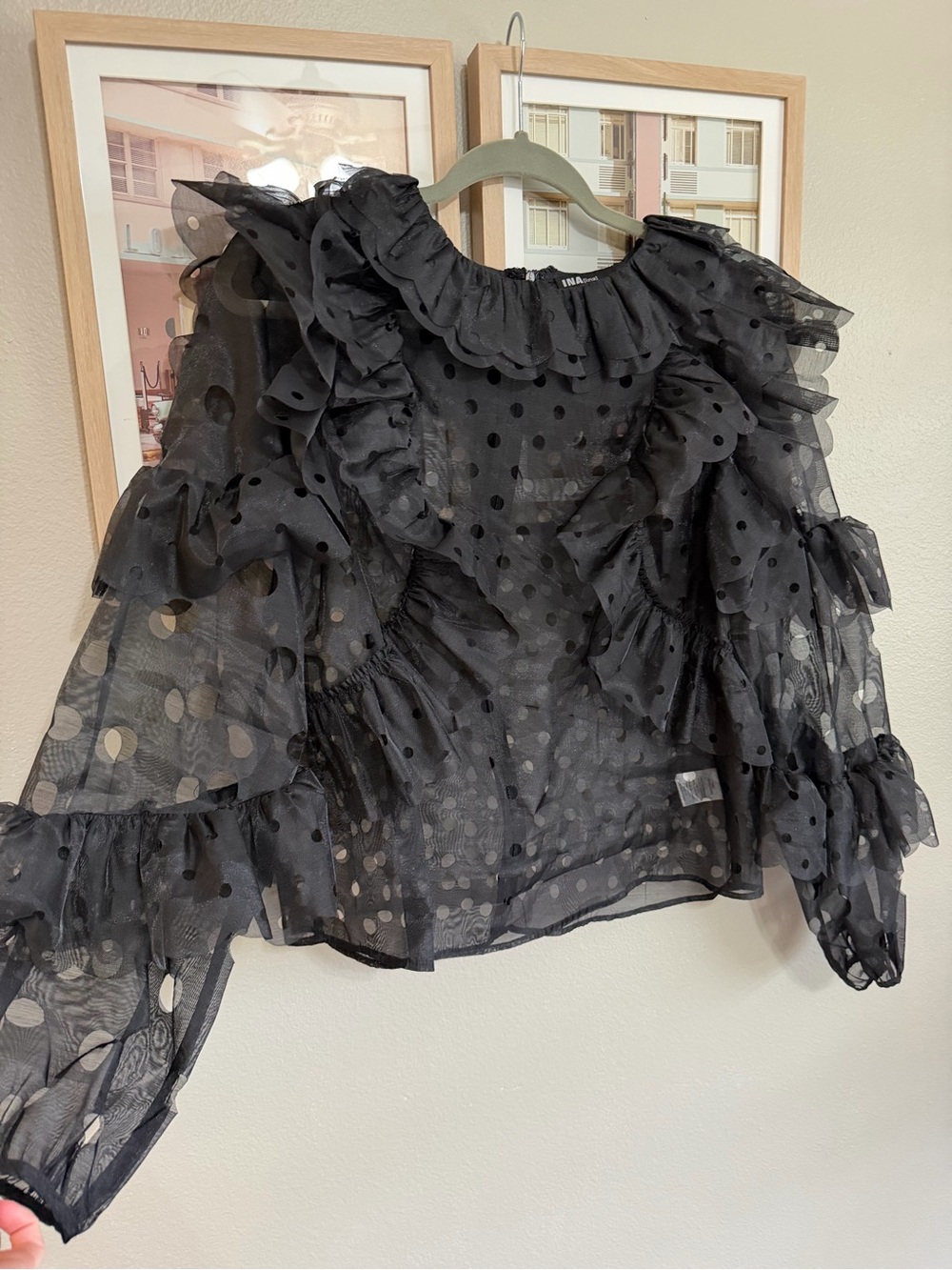 Ina Black Sheer Polka Dot Ruffle Blouse